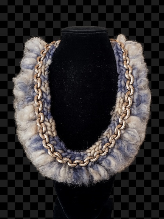 Dvora Harell Jewelry - Gold Chain Necklace with Blue-Gray Wool Trim